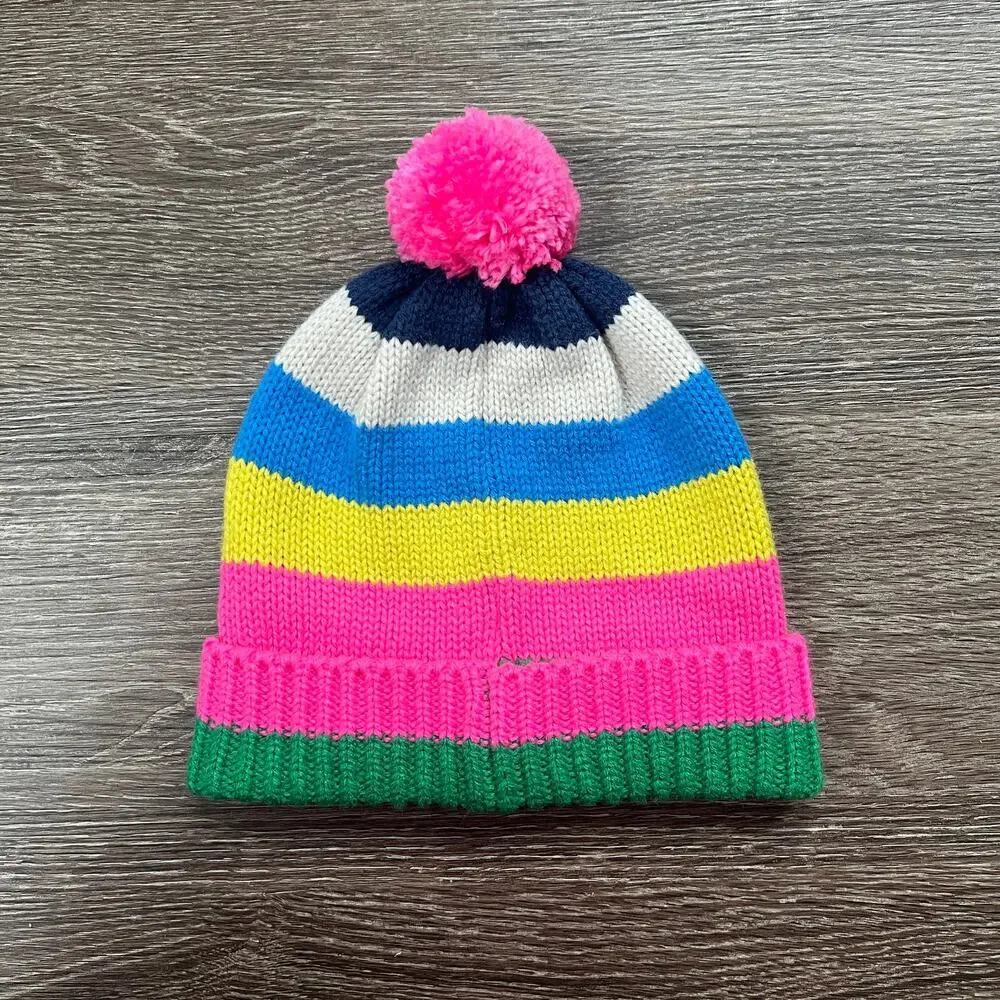 NWT Boden Kids Colorful Striped Beanie Pink Pom-Pom 9-12Y Kidcore Rainbowcore